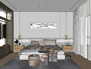 现代轻奢卧室双人床， su草图模型下载
