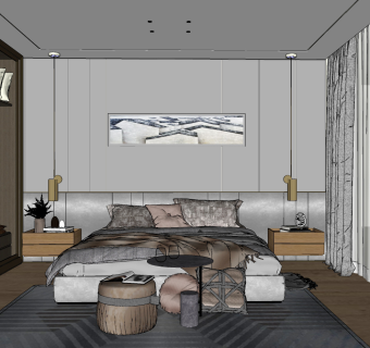 现代轻奢卧室双人床， su草图模型下载