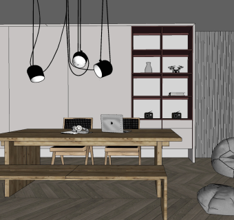 自然风餐厅，原木餐桌椅长条桌 su草图模型下载