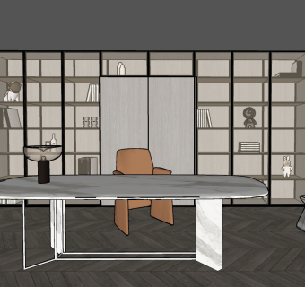 轻奢书房书桌椅，椅子书柜su草图模型下载
