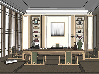新中式禅意榻榻米茶室 餐桌椅 茶桌椅 su草图模型下载