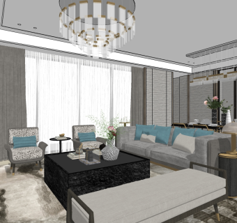 新中式客餐厅，餐桌椅 su草图模型下载