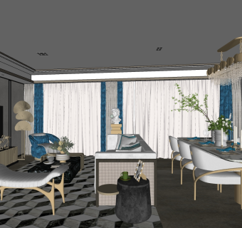 现代客餐厅，餐桌椅I   su草图模型下载