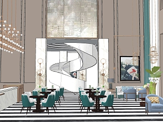 现代酒店餐厅<em>大堂</em>吧旋转楼梯洽谈桌椅 su草图模型下载