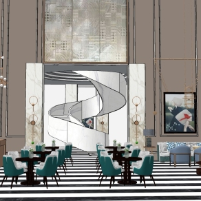 現代酒店餐廳大堂吧旋轉樓梯洽談桌椅 su草圖模型下載