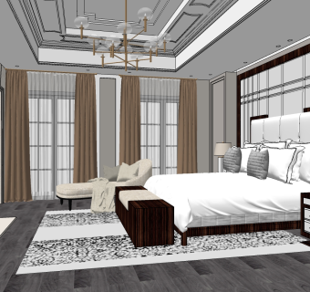 新中式奢华简欧式卧室，双人床， su草图模型下载