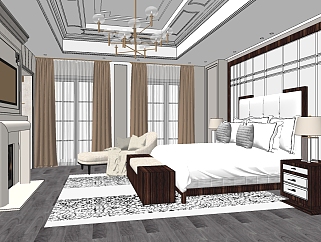 新中式奢华简欧式卧室，双人床， su草图模型下载