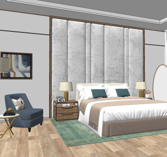 现代简欧式卧室，双人床 su草图模型下载