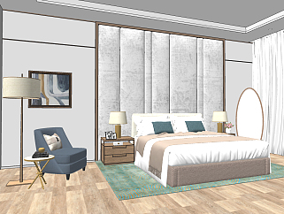 现代简欧式卧室，双人床 su草图模型下载