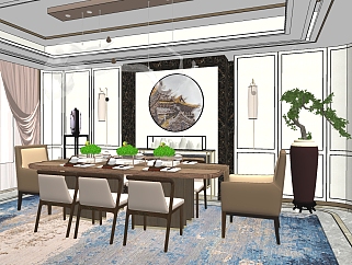 新中式餐厅，餐桌<em>椅大</em>花瓶I su草图模型下载