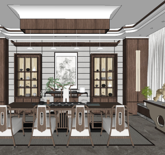 新中式茶室餐厅 su草图模型下载