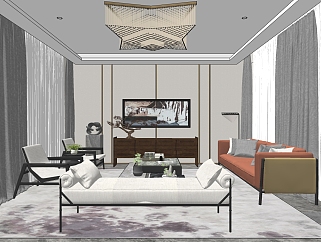 新中式客厅沙发卧榻长条凳水晶吸顶灯 su草图模型下载