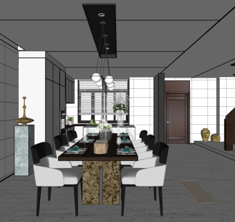 新中式餐厅 su草图模型下载