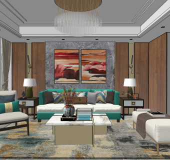 新中式客厅， su草图模型下载