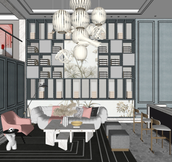 现代浪漫别墅客厅， su草图模型下载