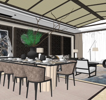 新中式客餐厅餐桌椅ID：35472su草图模型下载