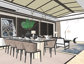 新中式客餐厅餐桌椅ID：35472su草图模型下载