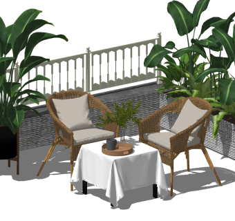 休闲桌椅子，方形桌布su草图模型下载