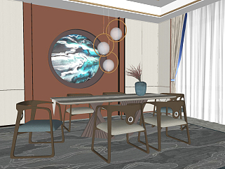 新中式餐桌椅，<em>餐厅</em>，椅子，背景墙su草图模型下载
