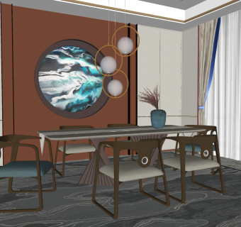 新中式餐桌椅，餐厅，椅子，背景墙su草图模型下载