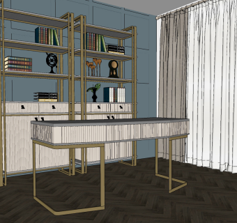 轻奢新古典书房，书桌，书柜，金属书架su草图模型下载