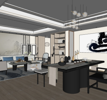 新中式客厅书房 su草图模型下载