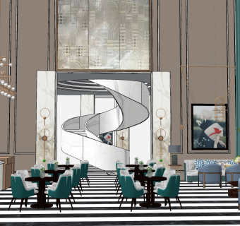 现代酒店餐厅 su草图模型下载