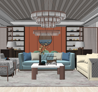 现代新中式客餐厅 su草图模型下载