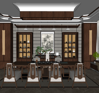 新中式茶室 su草图模型下载