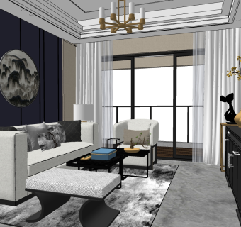 新中式客厅 su草图模型下载