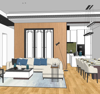 现代新中式客餐厅 su草图模型下载