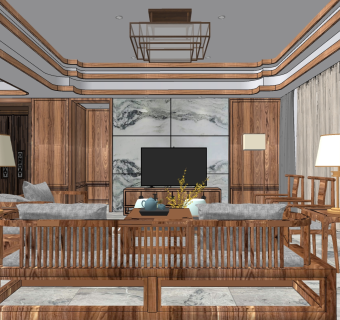 新中式客厅 su草图模型下载