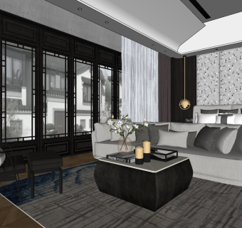 新中式卧室 su草图模型下载