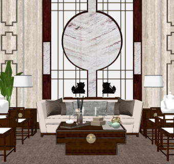 新中式别墅客厅 su草图模型下载