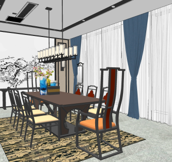 新中式餐厅 su草图模型下载