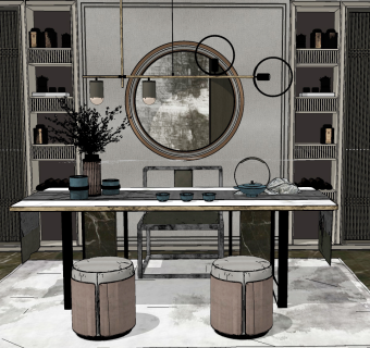 38新中式书房，书桌椅，茶桌椅，圆墩，圆凳长条吊灯，茶具摆件su草图模型下载