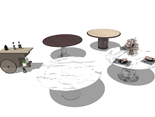 现代圆形<em>餐桌</em>，花瓶，备餐车，小推车su草图模型下载