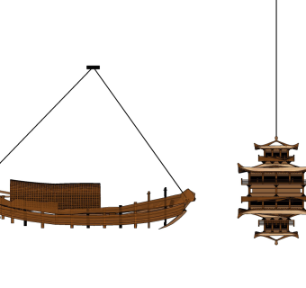 新中式古建，船型，木船吊灯雕塑su草图模型下载