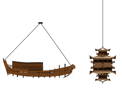 新中式古建，船型，木船吊灯雕塑su草图模型下载
