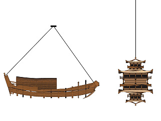 新中式古建，船型，<em>木船</em>吊灯雕塑su草图<em>模型</em>下载