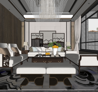 新中式客厅 su草图模型下载
