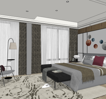 新中式卧室，双人床， su草图模型下载