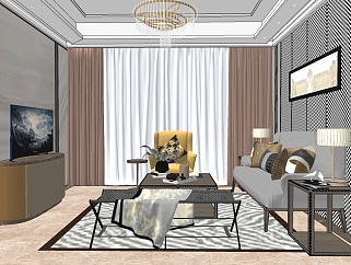 现代新中式客厅沙发 su草图模型下载