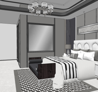 ,简欧式卧室双人床床头柜 su草图模型下载