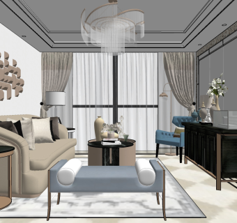 新古典客厅， su草图模型下载