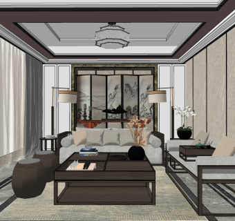 新中式客厅 su草图模型下载