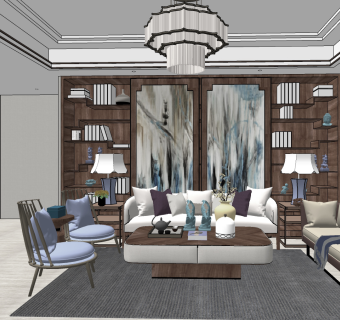 新中式客厅， su草图模型下载