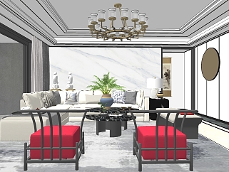 新中式客厅沙发茶几 su草图模型下载
