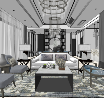 新中式别墅样板间客厅沙发茶几 su草图模型下载