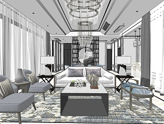 新中式别墅样板间客厅沙发茶几 su草图模型下载